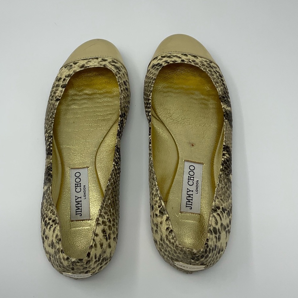 Jimmy Choo Gold Metallic Snake Print Flats - Picture 10 of 14